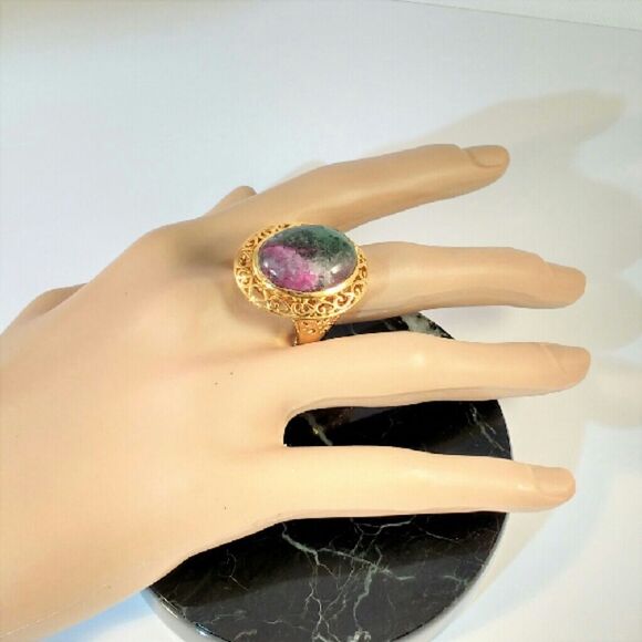 Ruby Zoisite Ring 14k YG over Silver 23.6 Carats Size 9 - Picture 4 of 4